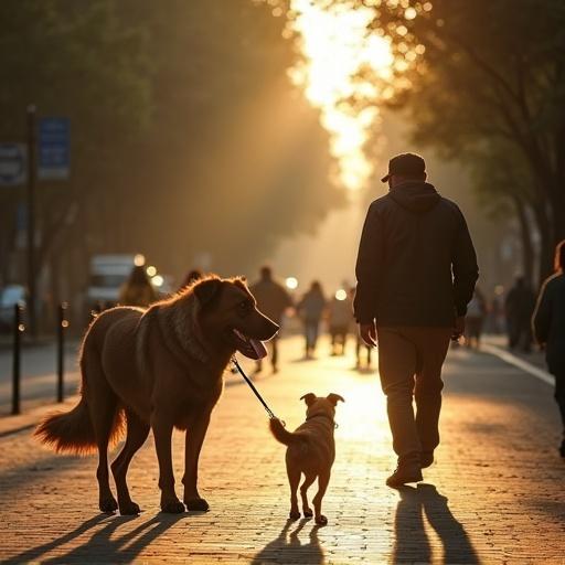 São Paulo after apocalyptic event. A caramel dog is walking along Avenida Paulista. Fog brings mystery and fear in the air. The environment is daytime with sunlight piercing through the fog.