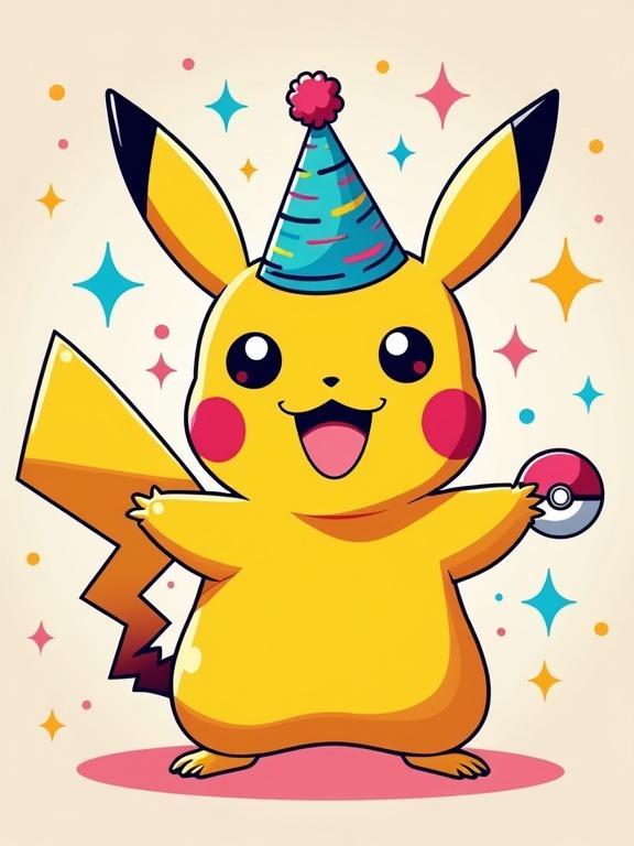 Playful cartoon illustration of Pikachu wearing a party hat. Pikachu holds a Pokéball. Surrounded by neon confetti and retro shapes. Bold pastel colors. Modern pop-art style. Clean outlines. Ideal for Pokémon fans who love parties.