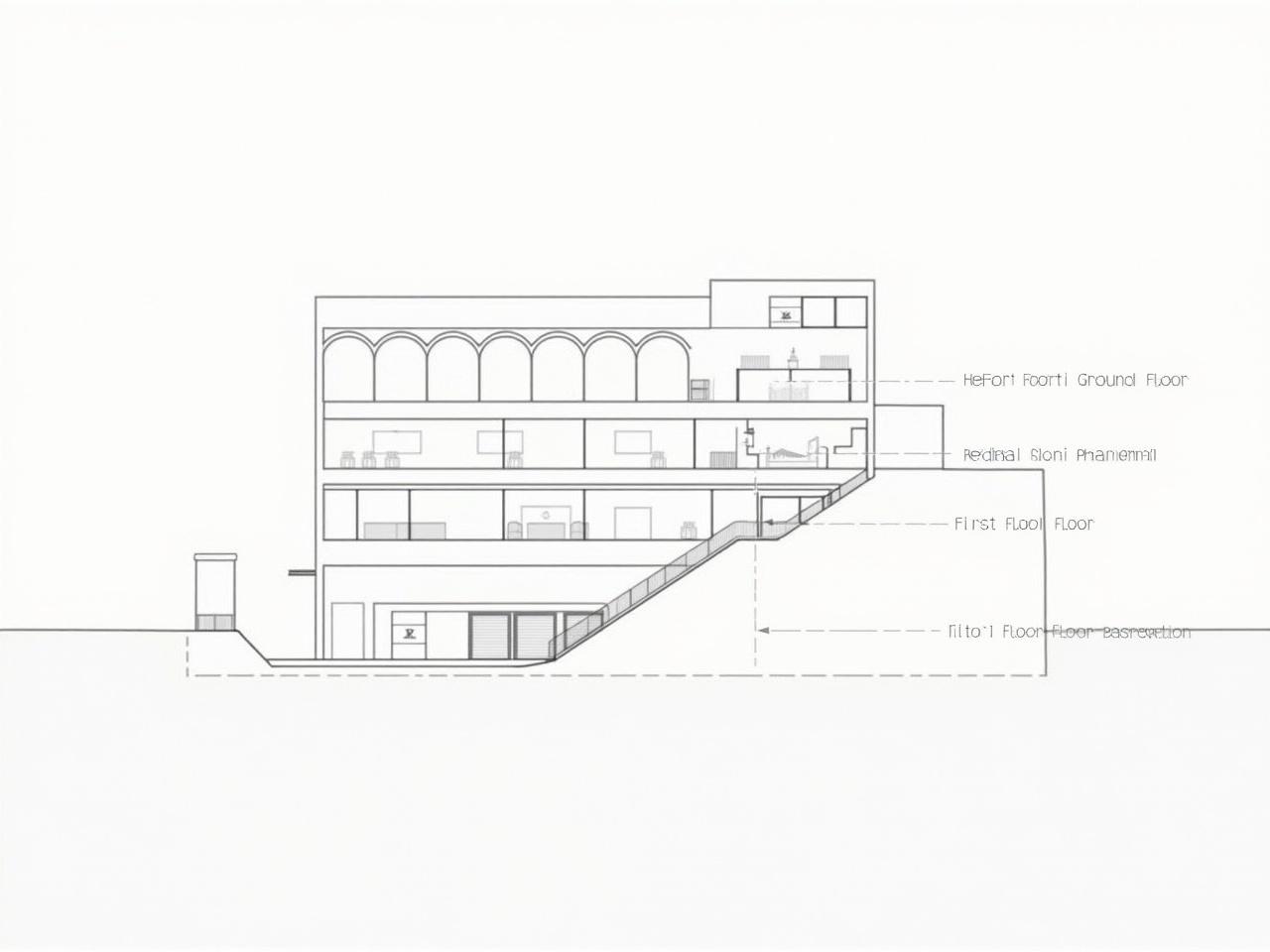 This image shows a building elevation plan with various levels detailed. The structure has a flat roof and a prominent facade featuring arched windows on the upper level. Below the upper section, there are several horizontal elements that indicate different floor levels including a basement, ground floor, and a first floor. A staircase is depicted, suggesting a connection between different levels of the building. The overall design appears modern with clean lines and a symmetrical layout.