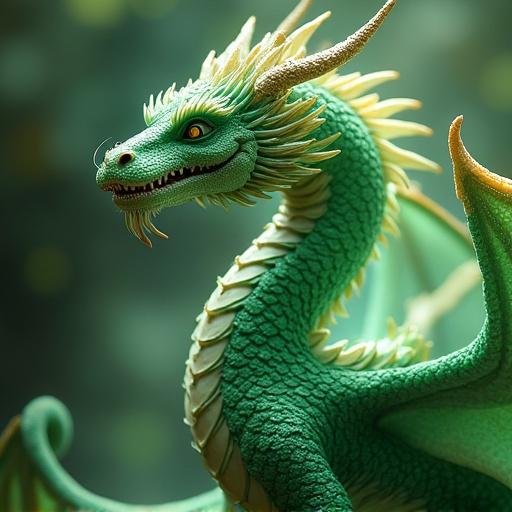 Full body of a dragon with velvety green scales that fade to green and opalescent white. Highly detailed and vibrant. Dragon in an action pose creating a magical atmosphere.