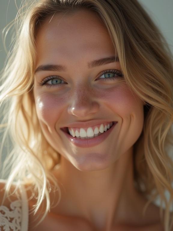 Generate photorealistic image of a blonde girl with perfect teeth and a warm smile. Focus on facial features and natural beauty.