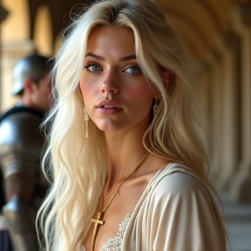 Portrait of a young woman with long platinum blonde hair. Fair skin and light blue eyes. Slightly parted lips with a composed expression. Wearing a beige robe and gold jewelry. Subtly raising one arm. Background shows soldier and classical architecture. Soft focus and natural lighting.