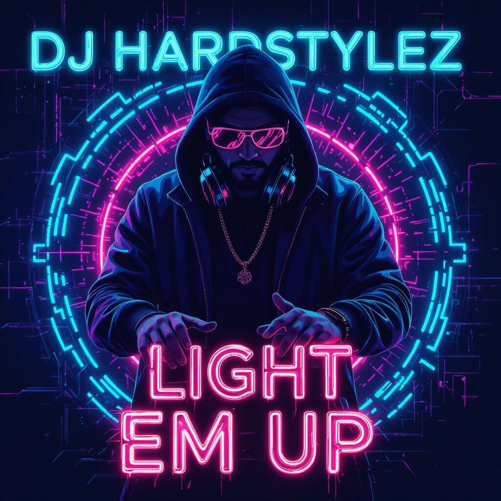 Complex artwork. Dark neon on an album cover. Text includes DJ Hardstylez. Text includes Light Em Up.
