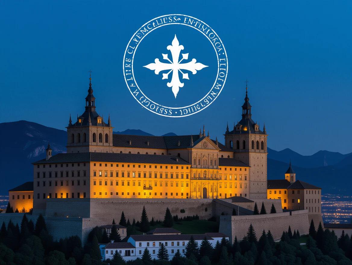 External night view of El Escorial monastery with a mystical symbol superimposed like a magic seal.