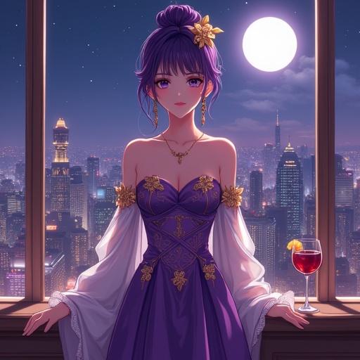 Breathtaking woman in purple gown stands in upscale lounge. She faces the viewer in front of a large window. Rich violet hair styled in intricate updo. Dress features glossy satin with golden floral embroidery. White sheer sleeves enhance elegance. Long earrings catch the light. Wine-red cocktail on bar counter. Vibrant city skyline illuminated at night through window. Full moon casts a glow. Semi-anime aesthetic with detailed rendering. Romantic and sophisticated ambiance creates allure.
