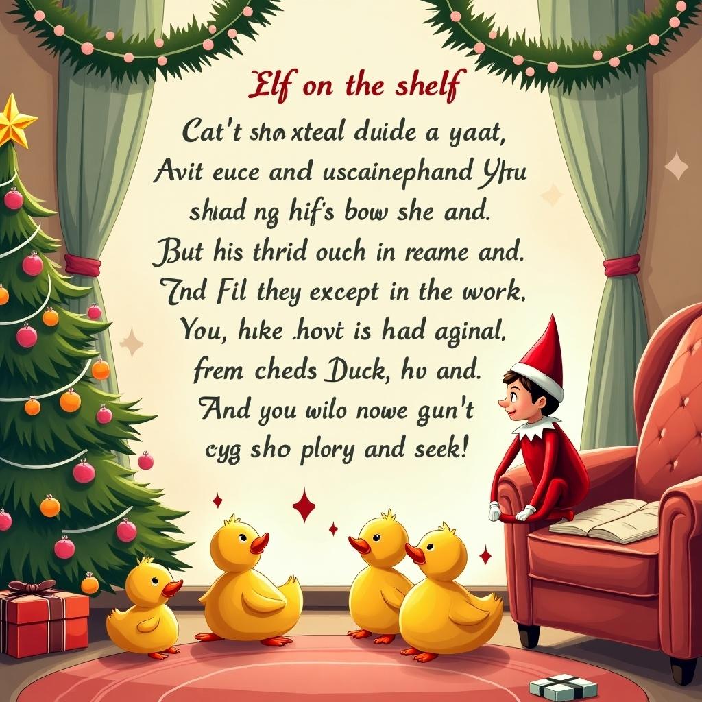 A festive note titled 'Elf on the Shelf' containing a cheerful poem about twins enjoying hide and seek while looking for ducks. The scene is decorated with a cozy living room, a chair, and playful ducks around the elf.