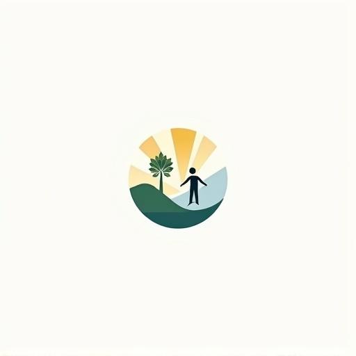 Design a modern logo for a personal development brand. Convey growth, transformation, mindset, and inner strength. Include elements like a tree, human figure, and sunrise. Use calming tones and soft gradients. Ensure it's versatile for social media and print. No text.