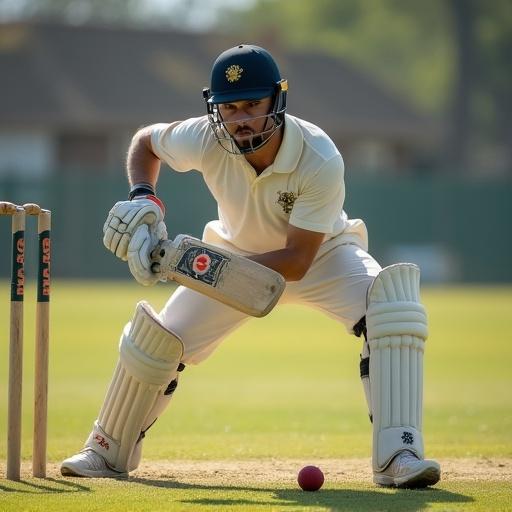 A cricket player wearing a white uniform stands near the stumps ready for action. The scene captures the essence of cricket on a sunny day.