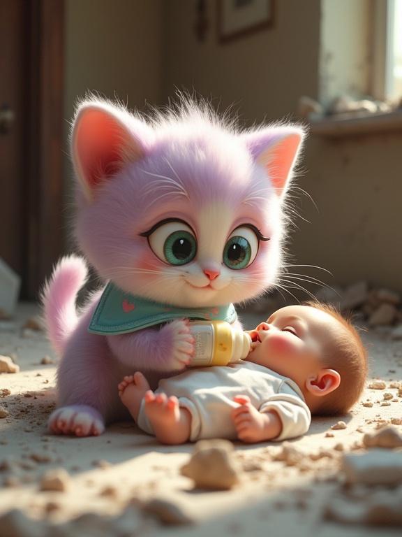 A fluffy anthropomorphic kitten feeds a baby in a dusty room. The kitten has pastel pink and lavender fur with a creamy white belly. Large expressive green eyes dominate its Pixar-style face. Dressed in a light blue bandana, it holds a bottle while the baby reaches out with tiny hands. Surrounding debris contrasts with their tender moment of love.