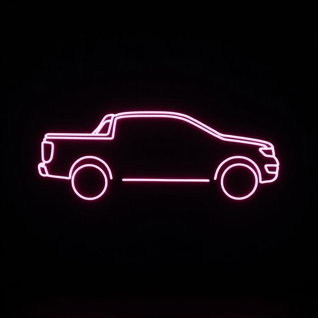 This image features a neon outline of a Ford Ranger on a black background. The outline is created using bright pink neon lights, providing a striking contrast against the dark backdrop. The design captures the side profile of the truck, emphasizing its shape and features without any additional details. The overall aesthetic is modern and minimalist, appealing to automotive enthusiasts and neon art fans alike. This artwork could be used in various promotional contexts or as decorative piece in car-themed spaces.