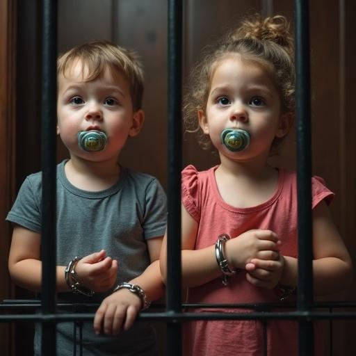 Two children appear in a courtroom. A boy and a girl look apprehensive while trapped in a small cage. Each child is wearing a pacifier and has handcuffs on their wrists. They await their sentence as a judge speaks. The atmosphere is tense and serious.