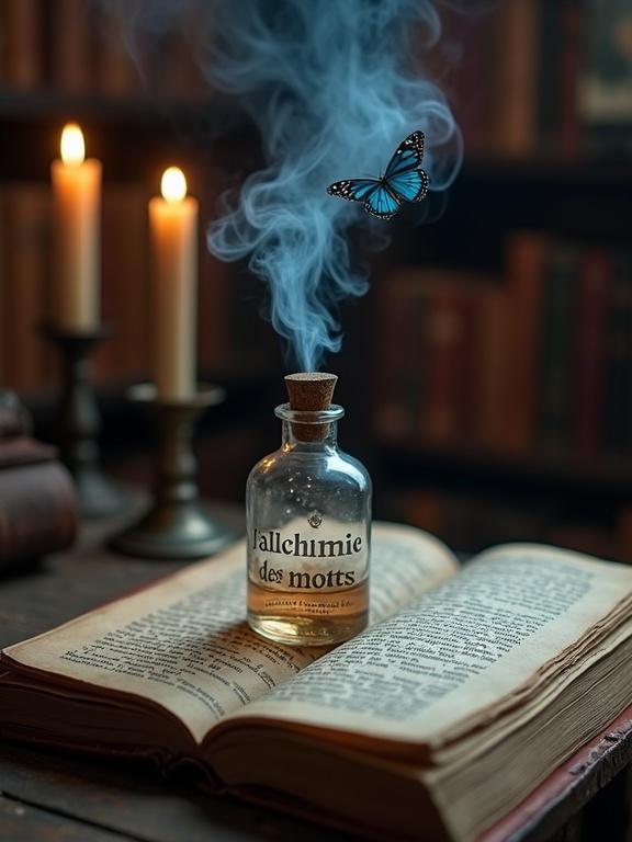 A candlelit bookshop with an uncapped vial on an open grimoire. Smoky white vapor rises from the vial. A blue butterfly flutters above. A scroll displays 'l'alchimie des mots' in large letters.