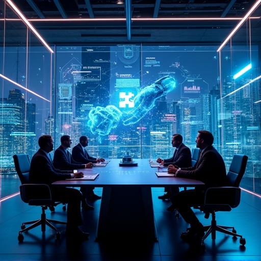 Futuristic business meeting room. Diverse executives discuss AI adoption. Surrounded by holographic data visualizations. Glowing neural network projections. Sleek modern office furniture. Glass walls showing digital cityscapes. AI-generated graphs floating mid-air. Central hologram of a robotic hand holding a puzzle piece. Mood is forward-thinking yet tense.