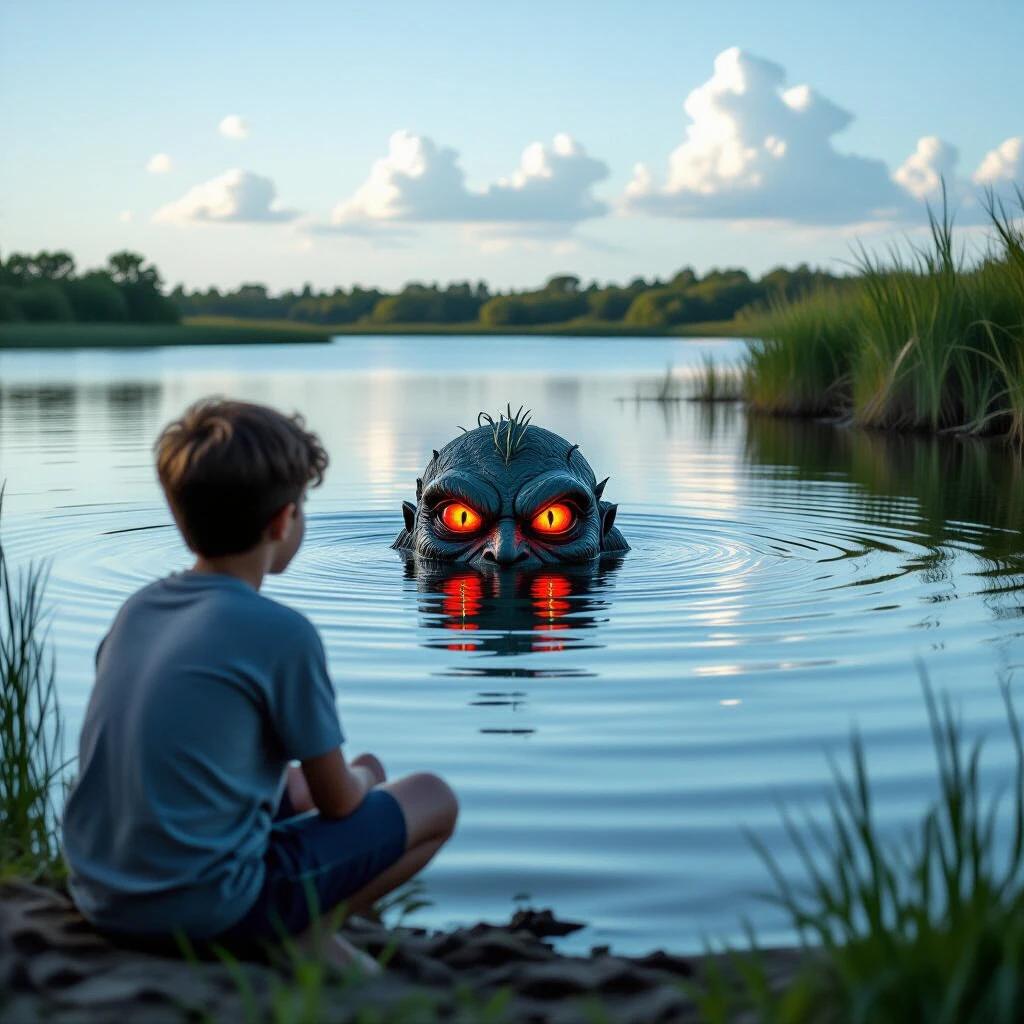 A young boy sits by the lake. The lagoon is calm and reflective. Under the water a small creature is hidden. The creature has bright red eyes.