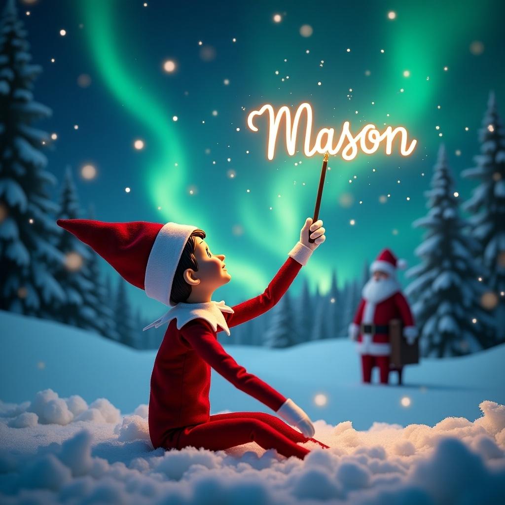 An enchanting Christmas scene featuring an elf on the shelf. The elf sits with its back to us, gazing upwards. It uses a wand to elegantly write the name 'Mason' in the starry sky. The background is adorned with stunning northern lights and a distant image of Santa Claus carrying gifts. Snow blankets the ground, creating a serene winter wonderland. This magical moment captures the essence of holiday joy and wonder in the air.