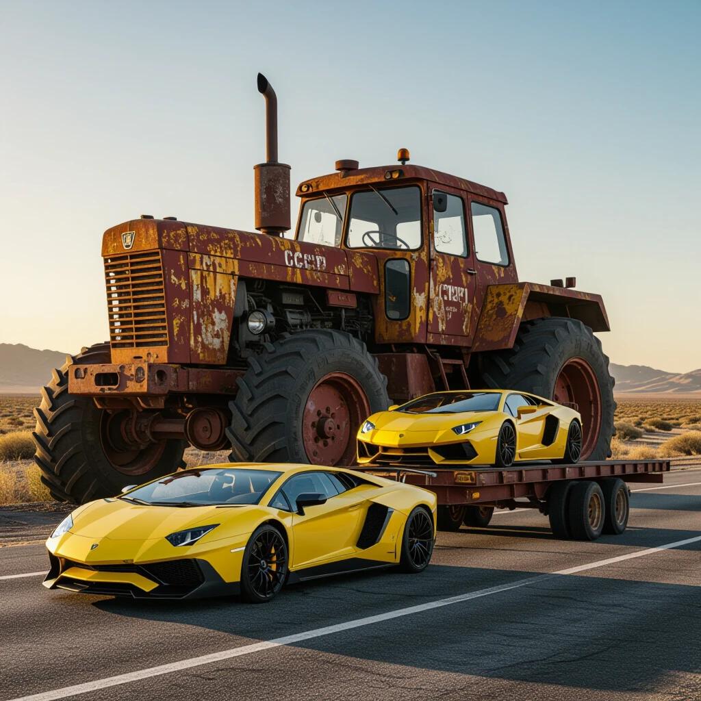 Ultra realistic photograph featuring a gigantic rusted Soviet tractor from the 1970s and a bright yellow Lamborghini Aventador SVJ positioned on a battered flatbed trailer. The scene captures the contrast between industrial decay and automotive perfection. The tractor showcases corrosion and grime details with a visible CCCP stencil. A desert highway is highlighted at sunset with motion blur effects and sand clouds. The low-angle perspective reveals a driver's hand on the wheel through the open cabin window. Coherent photorealism with intense focus on textures and lighting.