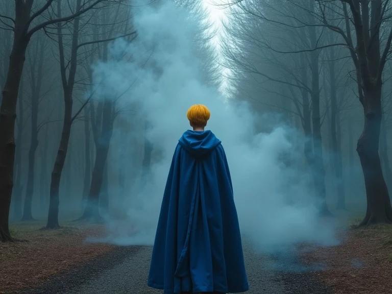Ultra realistic portrait of young man with yellow hair. He wears blue mage robe. Scene features empty forest filled with smoke and ash.