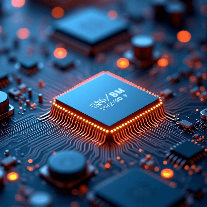 A close-up image of a circuit board with a central microchip glowing with orange lights.