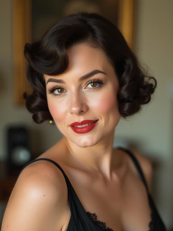Portrait of a woman in vintage style. She has short hair styled in curls. Elegant makeup with red lips. The background is softly blurred. She looks at the viewer confidently.