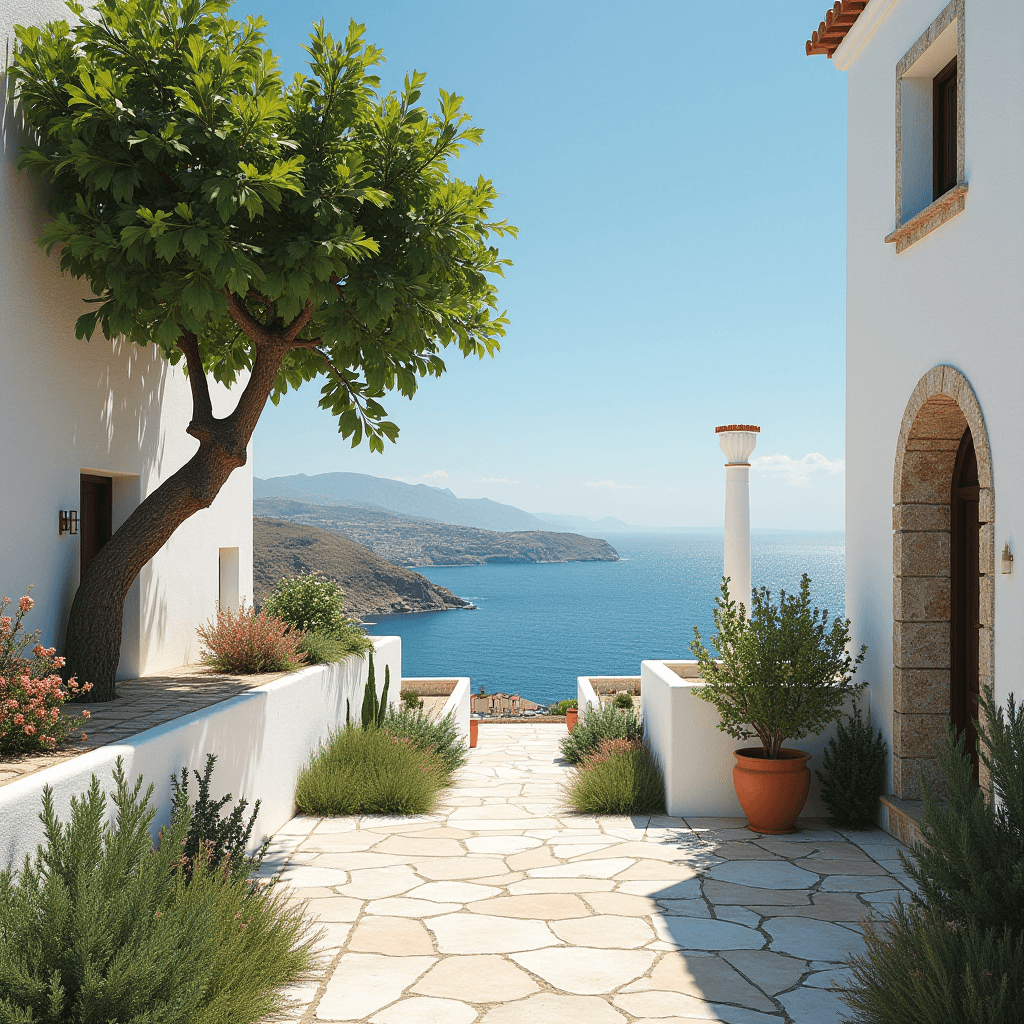 A serene seaside view framed by white buildings and lush greenery.