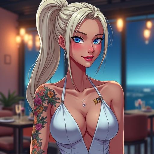 Anime character with light blonde ponytail wearing sexy French dress. Person appears happy inside a luxurious restaurant in Miami at night. She has piercing blue eyes and colorful tattoos. She is tall and muscular with a trendy aesthetic. Focus on details of attire and ambiance.