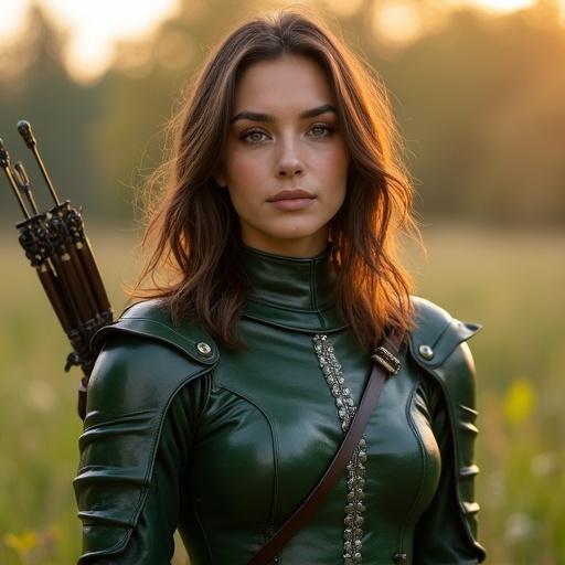 25 year old female scout wears dark green leather armor. Elegant silver details highlight fitted armor design. Hair falls in gentle waves. Soft dusk light bathes the scene.