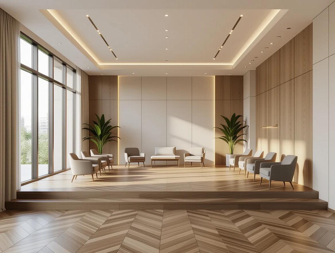 Luxurious modern multipurpose hall mid-size space smooth wooden flooring clean architectural walls on all sides except left where full-height glass window brings in daylight stage platform on one end subtle ceiling-mounted lighting premium sound system details elegant chairs arranged neatly warm indirect lighting flat recessed ceiling high-end interior finishes stone wood accents neutral color scheme clutter-free no people upscale 8k render photorealistic details