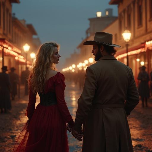 Vertical image in ultra high realism. Western mid 1800s. Blackwater street at night. Anny faces off with MC Wood. Lots of spectators. Patrick, the bearded journalist, writes in a notebook. Chorus women in red dresses adjust poses. Important scene description included.
