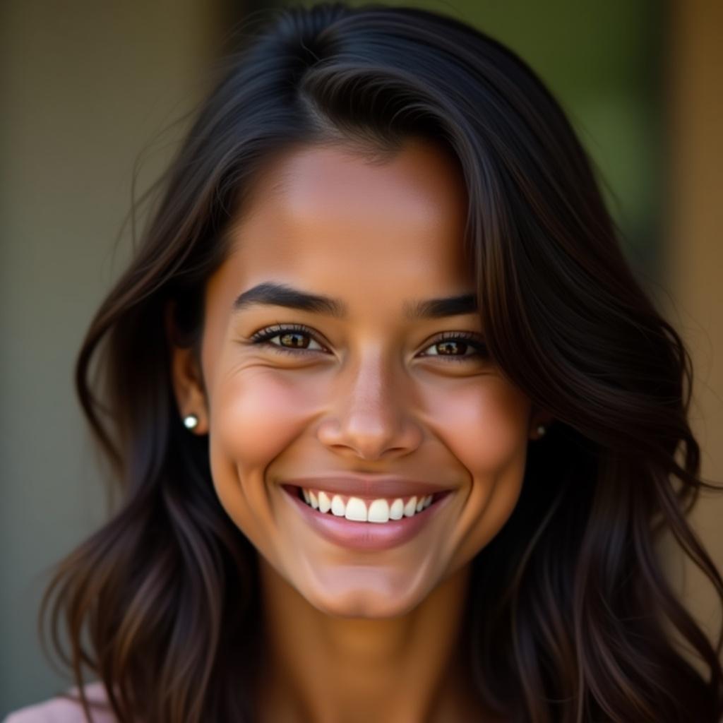 This image features a smiling woman with dark, straight hair that has a slight wave, portraying a natural and grounded style. Her almond-shaped dark brown eyes sparkle with warmth, inviting connection. The medium to light brown skin glows, reflecting natural warmth. She has a round face with high cheekbones, a small nose, and soft features that exude approachability. The calm and peaceful smile radiates kindness and love, making the viewer feel at ease.