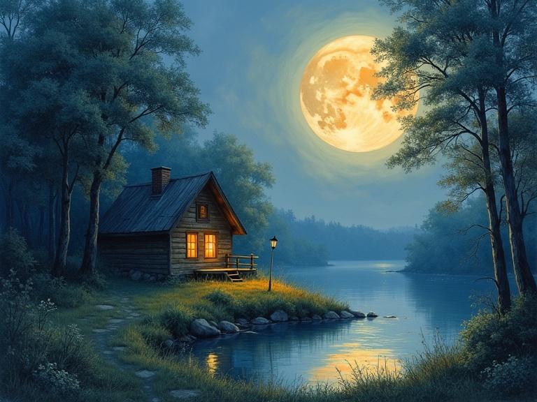 Wooden cottage glowing under a large full moon. Post-impressionist romantic landscape. Watercolor mist and oil-like brushstrokes on foliage. Peaceful and contemplative mood. Cabin on the left, moon reflected in water to the right. Glowing light halo and soft moonlight gradients.