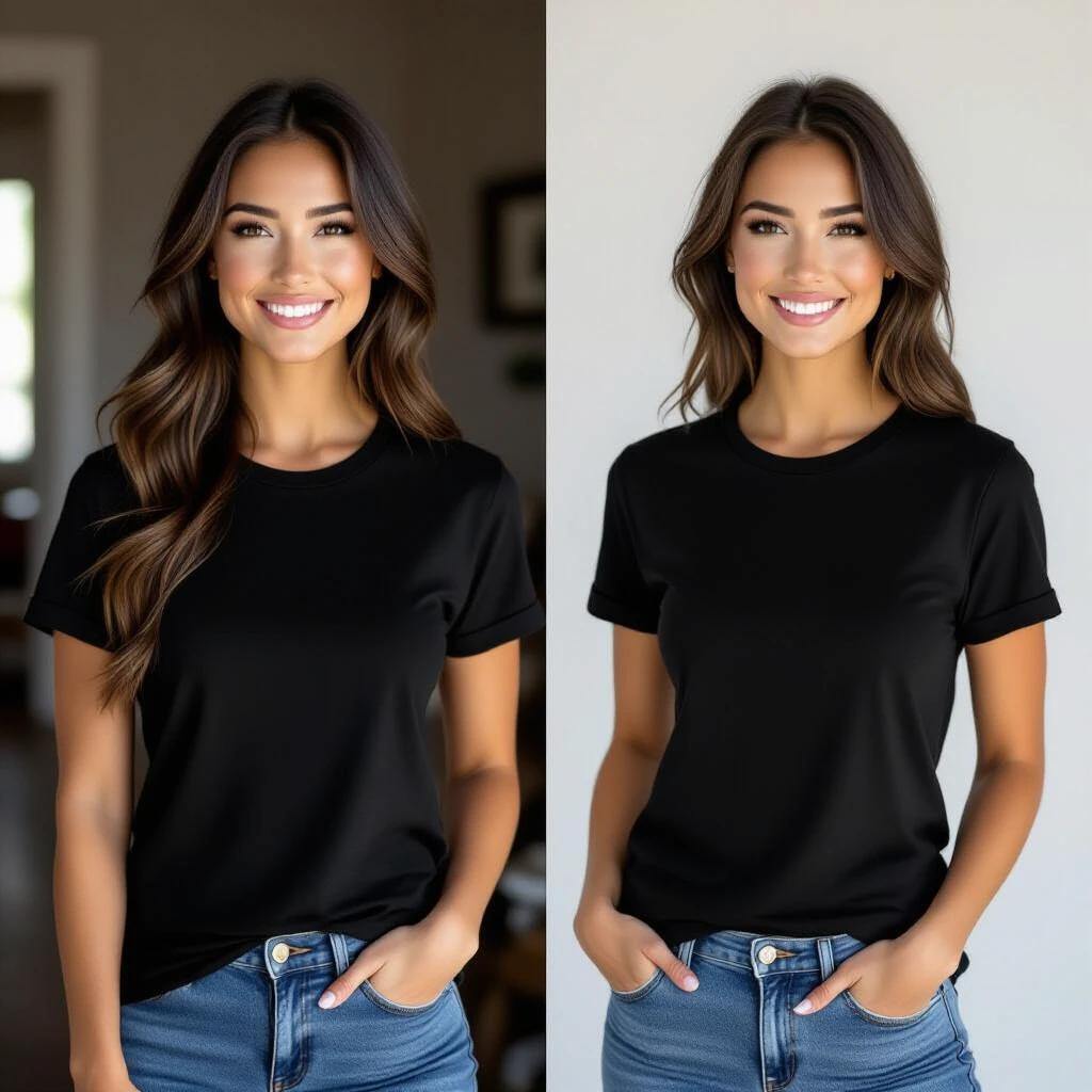 Image of a woman in a black t-shirt standing in the foreground. She has soft wavy hair and is wearing jeans. Background is a soft blurred interior with natural light.