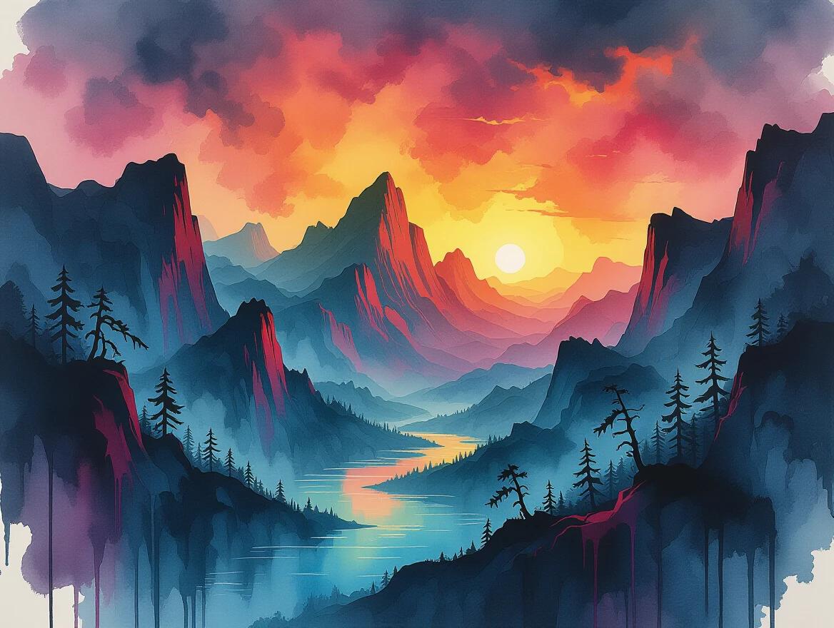 Surreal landscape with painted ink in bold colors. Vibrant drips of cyan magenta and black from cliffs and trees. Abstract ink streaks form rivers and skies. Horizon glows above. High-contrast modern ink style uses rule of thirds with mountains to the left.