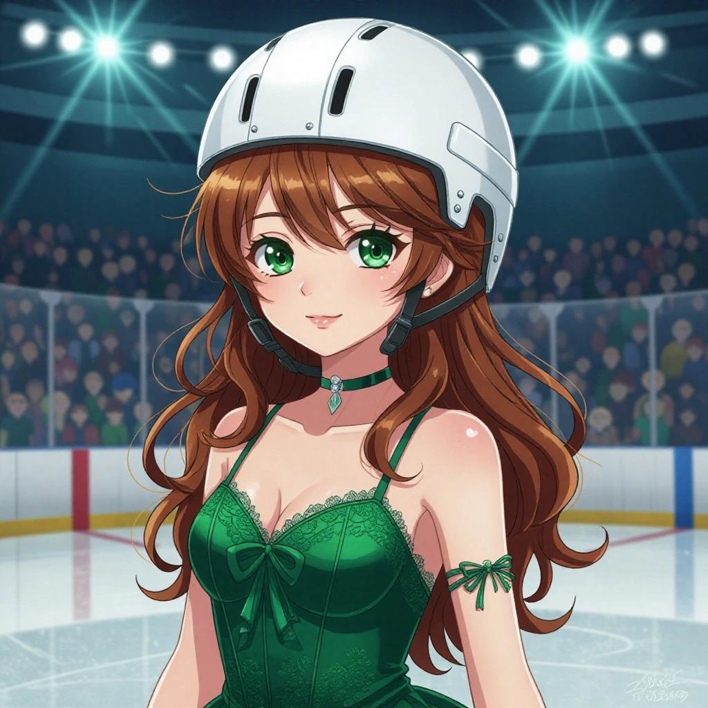 Anime style drawing features a girl with brown hair and green eyes. She wears a white skating helmet and a fancy dark green dress. Ice rink is in the background.