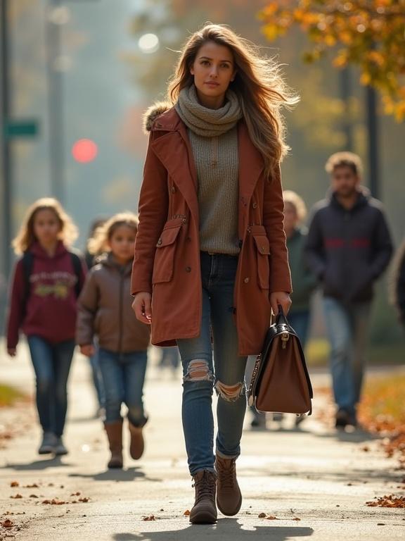Beautiful woman dressed in warm autumn clothing walking confidently. Children can be seen in the background. Scene captures a moment during school pickup.