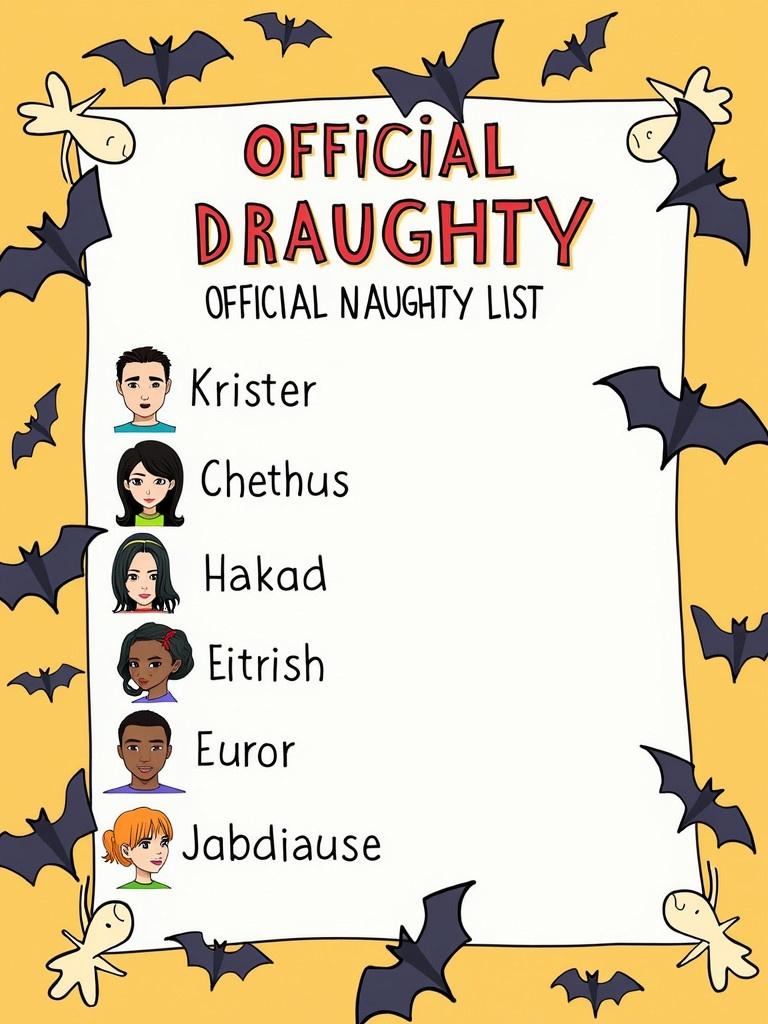 Colorful illustration features an official Naughty list. Names are Krister Chethus Hakad Eitrish Euror Jabdiauese. Title says Official Naughty. Background decorated with bats.