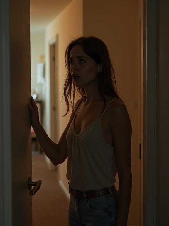 Woman opening door to an apartment with a shocked expression. Soft indoor lighting with an apartment hallway in the background. Scene evokes emotional tension.