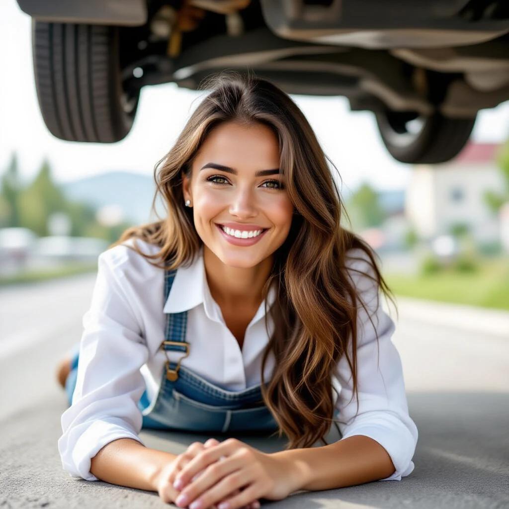Woman working under a car lies on her back on the road. Legs are visible outside from under the car. She wears white shirt and jeans.