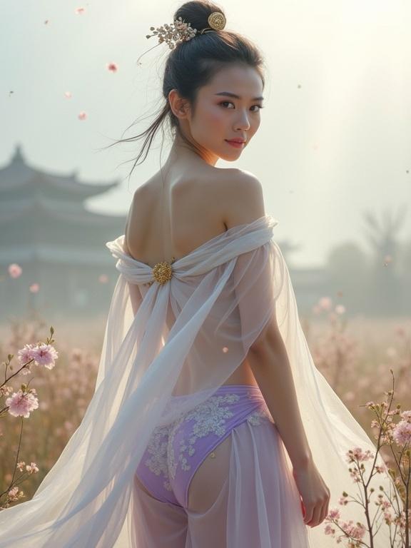 Misty dawn covers a feudal battlefield. A petite Chinese princess bends her back. She wears a light bracelet with golden accents. Her flowing sheer white cape has a thigh-high slit. Cherry blossoms fall around her. Her light purple undies have a flower pattern. Hair is styled traditionally with a golden hairpin. Soft light pierces through clouds. Full body shot at low angle.