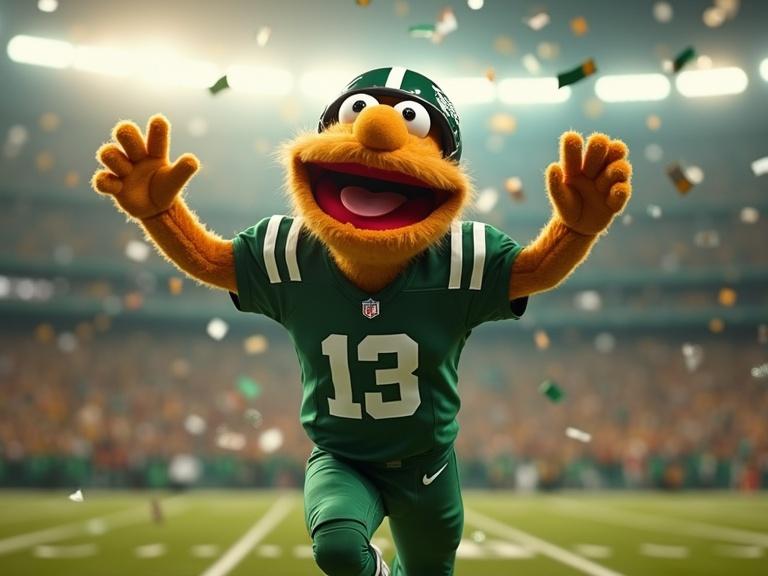 A Muppet football player in full New York Jets gear celebrating on the field. Athletic but distinctly Muppet with expressive face. Arms raised in joy. Confetti falls around him. Background shows cheering Muppet crowd. Lights create a dramatic atmosphere.