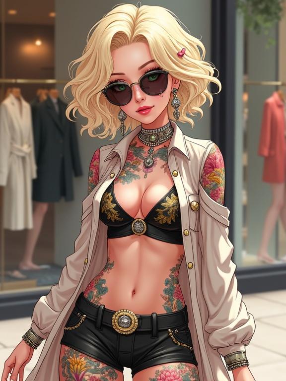 Anime character wears punk rock outfit. Woman features colorful traditional tattoos. She has light blonde curly hair and wears light pink jewelry. Fashion is showcased in luxury Burberry store. Image depicts a modern shopping scene. Woman has cybernetic right leg. Summer vibe in a city. Red cherry blossoms visible. Character looks stylish and confident.