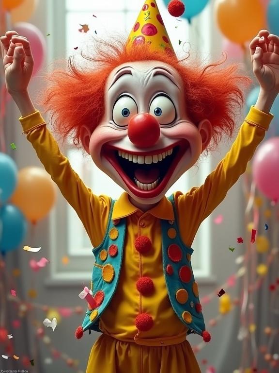 Funny caricature of a manic party clown. Wild-eyed, grinning with frizzy hair. Features enormous mouth and bulging eyes. Clown has a thin, lanky body type. Red nose, maniacal expression. Wears a yellow shirt and colorful vest. Accessorized with a party hat and confetti. Arms raised in excitement. Festive background with balloons and streamers.