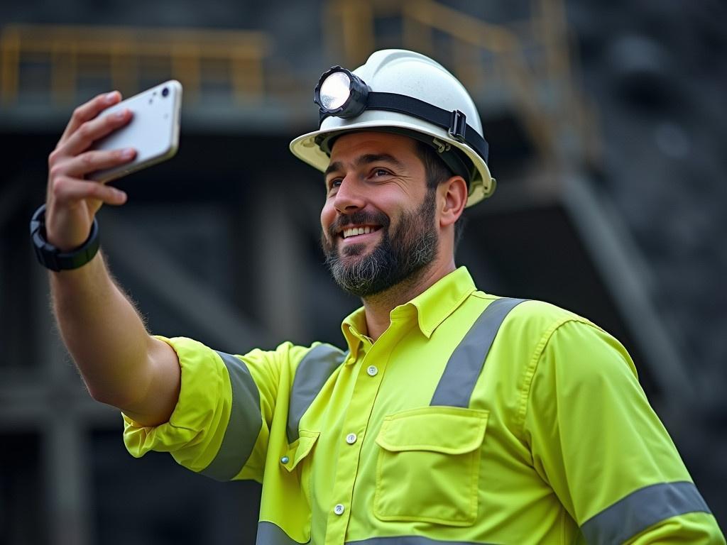 The image shows a miner taking a selfie at a work site. He is wearing a helmet with an LED headlamp mounted on the front, which suggests he works in a dark environment such as a mine or construction site. The miner has on a bright green work shirt that is standard for safety, with reflective strips that enhance visibility. His right arm is raised, showing off his wrist, which features a rugged smartwatch, indicating he is using technology even in harsh working conditions. The background displays a large industrial structure, hinting at the scale and seriousness of the project he is involved in.