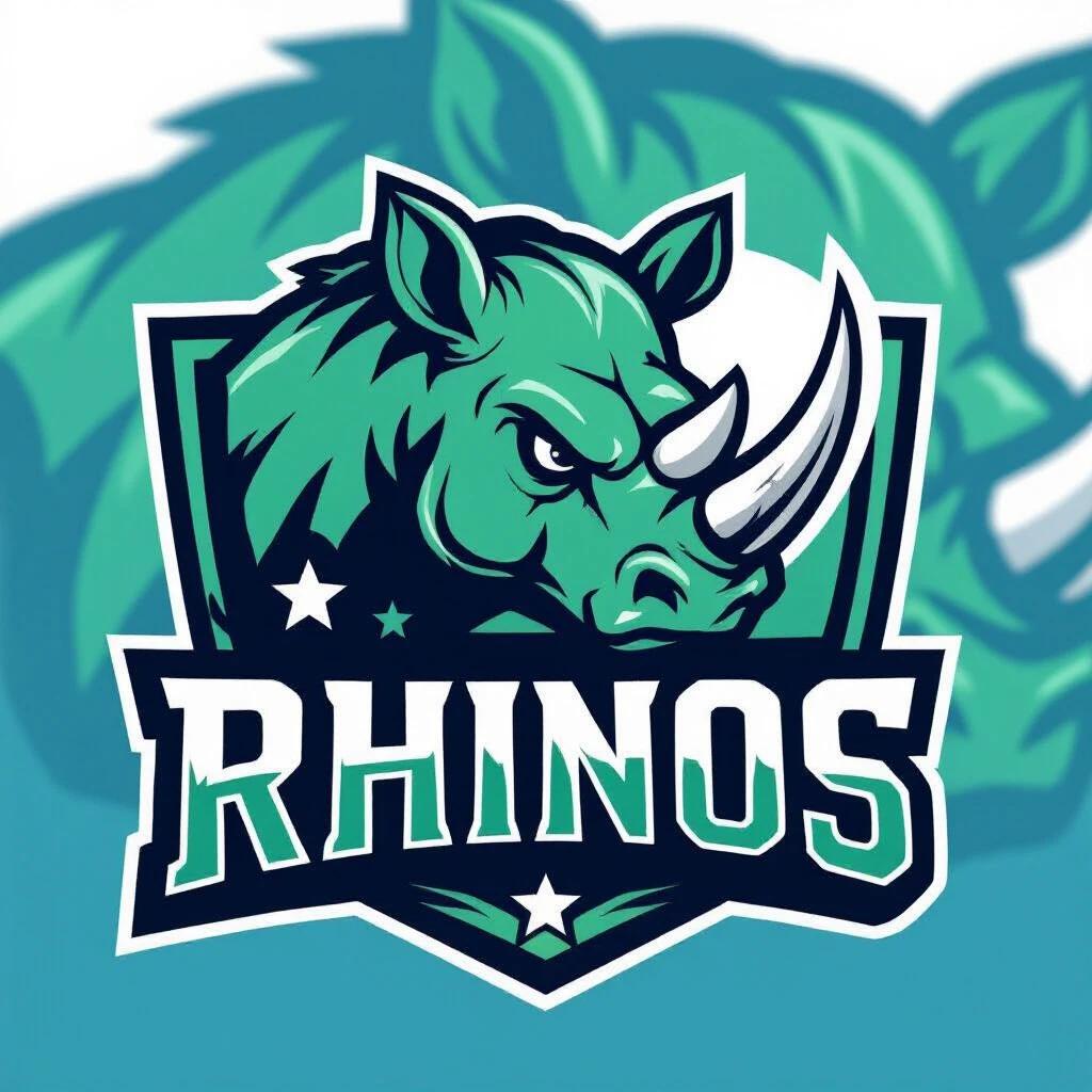 Logo design for Rhinos football team. Features a strong stylized rhino head from three-quarter angle. Bold expression with sharp lines. Large block letters saying Rhinos below the icon. Rhino horn points forward and up. Includes stars and shield shapes. Flat white background. Vivid colors with blue outlines, white highlights, and green fills. Center-aligned layout with clean lines and sharp edges. Vector-based modern sporty style.