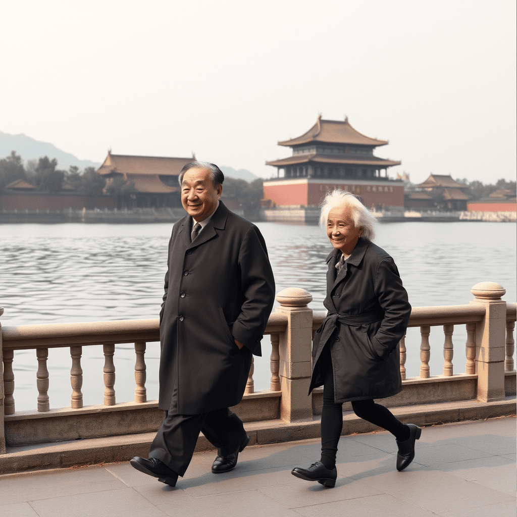 The image depicts an elderly couple walking along a waterfront promenade on a clear day. The couple is wearing matching dark coats, exuding a sense of warmth and companionship. The background features traditional Asian architecture, likely a temple or historic building, adding a cultural context to the scene. The calm water reflects the structures and the overcast sky, enhancing the peaceful and tranquil ambiance of the setting. The couple appears to be enjoying their walk, smiling and engaged in a leisurely conversation.