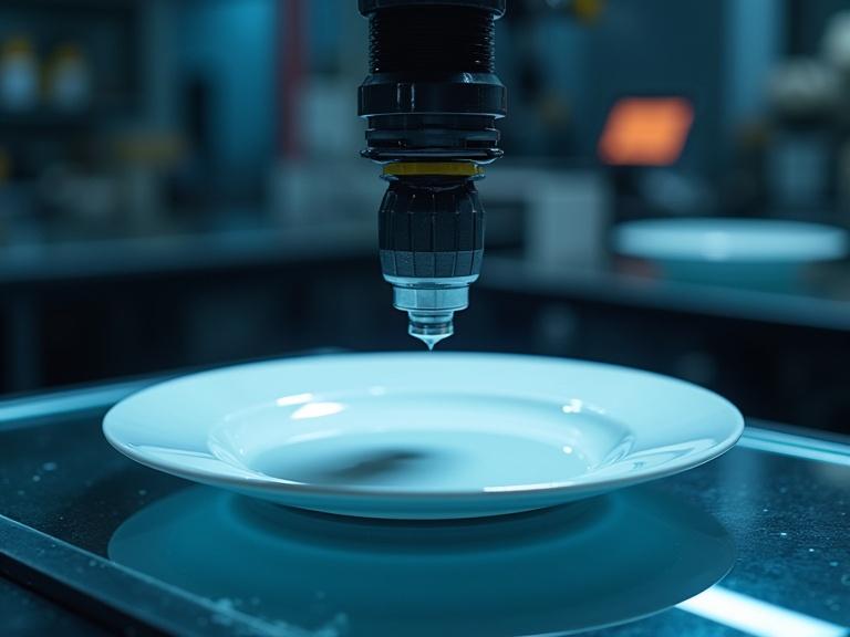 A high-tech laboratory with a futuristic look. Focus on a porcelain plate on a glass surface. Dark atmosphere with moody lighting in blue tones. A robotic hammer is hovering above the plate, aligned to strike the rim. The hammer is attached to a robotic arm with mechanical joints. Background has blurred lab equipment, adding depth and realism.