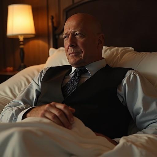 Generate an image of a character laying in bed wearing a vest in a cozy room with warm lighting and dark wood furniture.