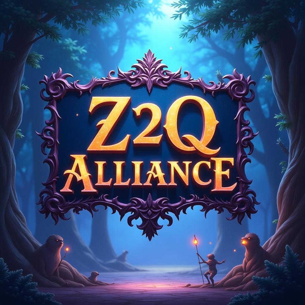 A fantasy banner containing the words Z2Q Alliance. The scene is mystical and otherworldly with elements of magic and adventure. A vivid illustration that captures a sense of exploration and alliance in a fantasy setting.