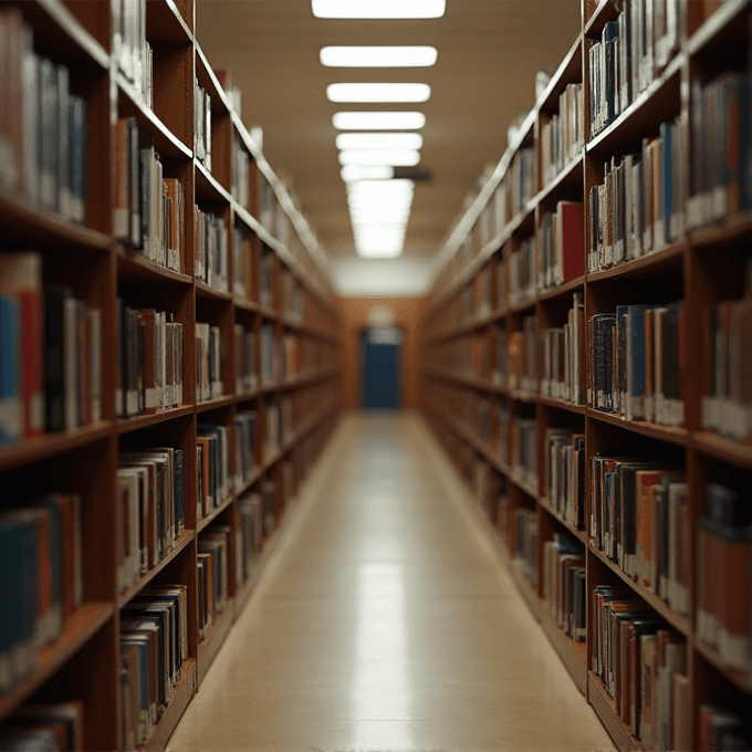 A long library aisle between tall bookshelves filled with books.