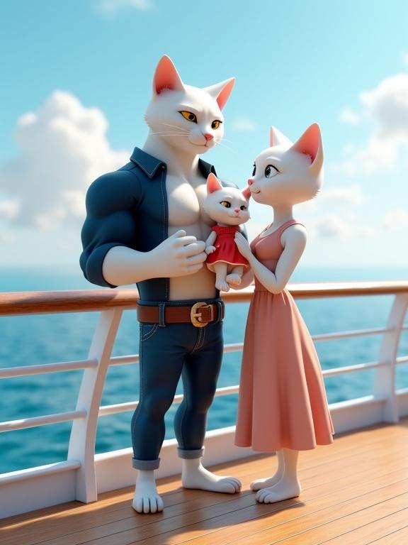 A detailed 3D render of an anthropomorphic white cat family on a cruise ship deck. The scene includes a muscular male cat in a blue shirt, a graceful female cat in a pastel dress, and two tiny kittens in red dresses. They overlook the peaceful ocean under a bright sky.
