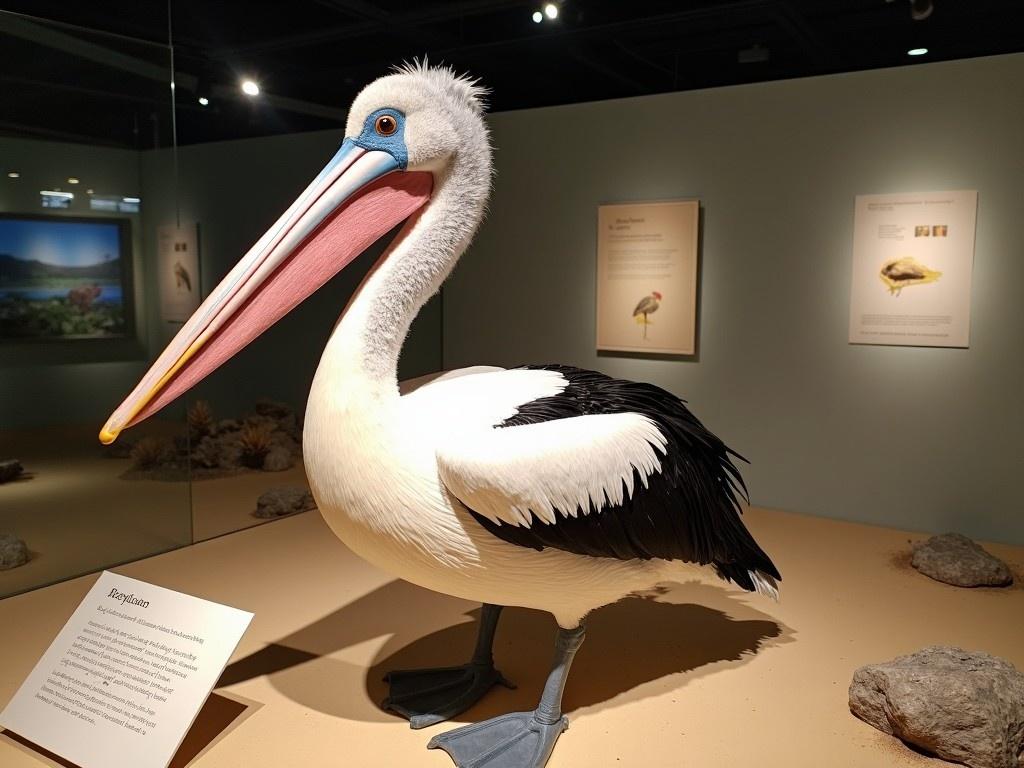 This image shows a taxidermy display of an Australian pelican. The pelican features a large, distinctive bill that is pink in color, with a rounded head covered in soft gray feathers. Its body is mostly white with some black wing feathers. The pelican is positioned against a sandy diorama background, along with some rocks and dry vegetation. In the background, there are informational panels about the species. The overall setting appears to be in a museum dedicated to natural history.